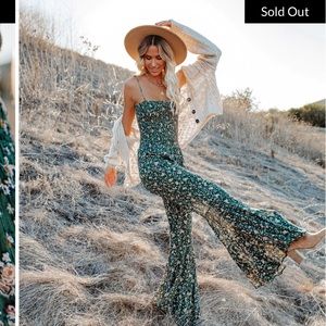 Vici Felicity Smocked Floral Bell Bottom Flare Leg Jumpsuit.